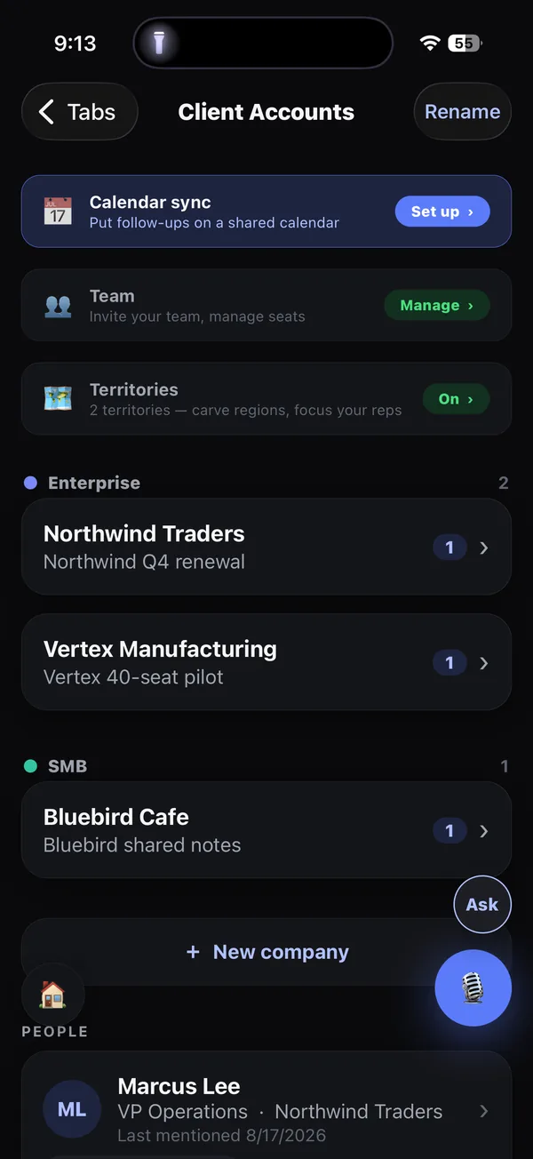 A Warp Notes workspace with its setup rows — calendar sync, team, territories — above the client account list.
