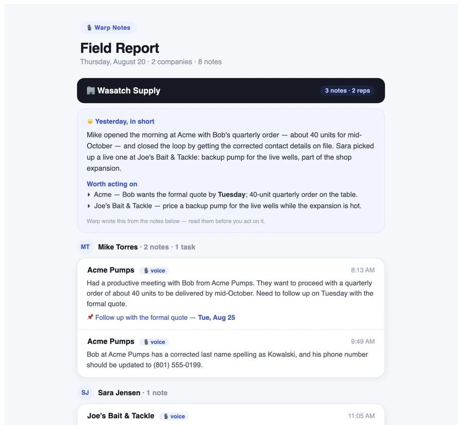 The Warp Notes Field Report email: a day's activity for two companies, with a "Yesterday, in short" summary, a "Worth acting on" list, and each rep's notes with times and follow-ups.