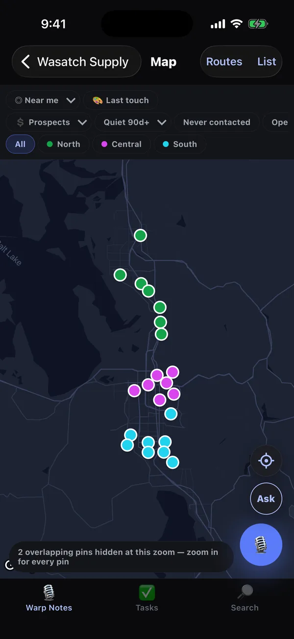 The workspace map: customer pins colored by territory, with North, Central and South territory filters across the top.