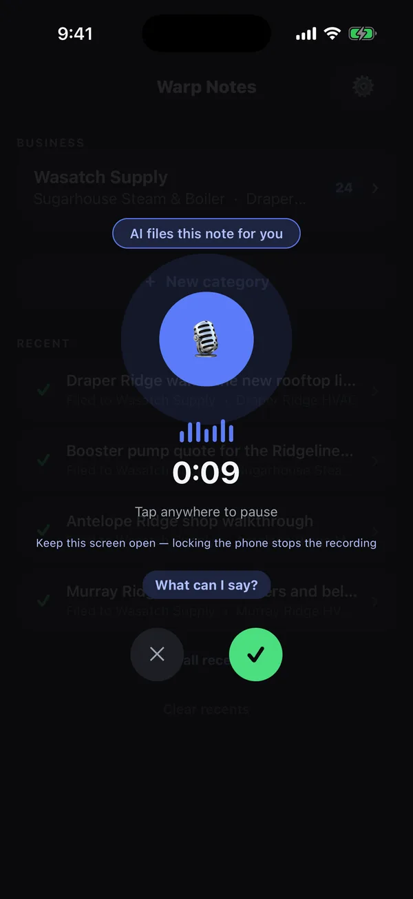 The Warp Notes recording screen, mid-take at nine seconds, reading "AI files this note for you".