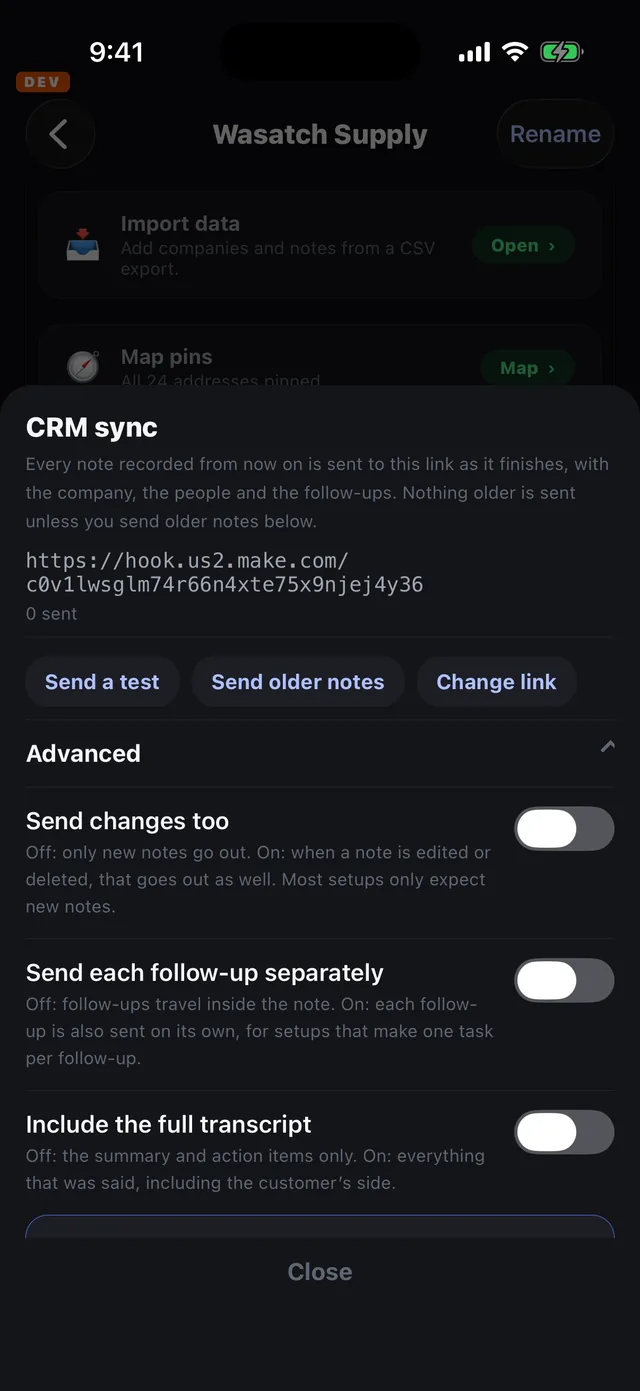 The CRM sync sheet after saving: the link, 0 sent, and Send a test, Send older notes and Change link buttons