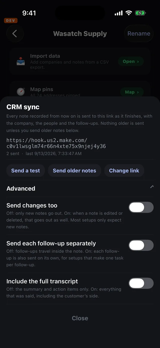 The CRM sync sheet with the Advanced section open, showing three switches all off