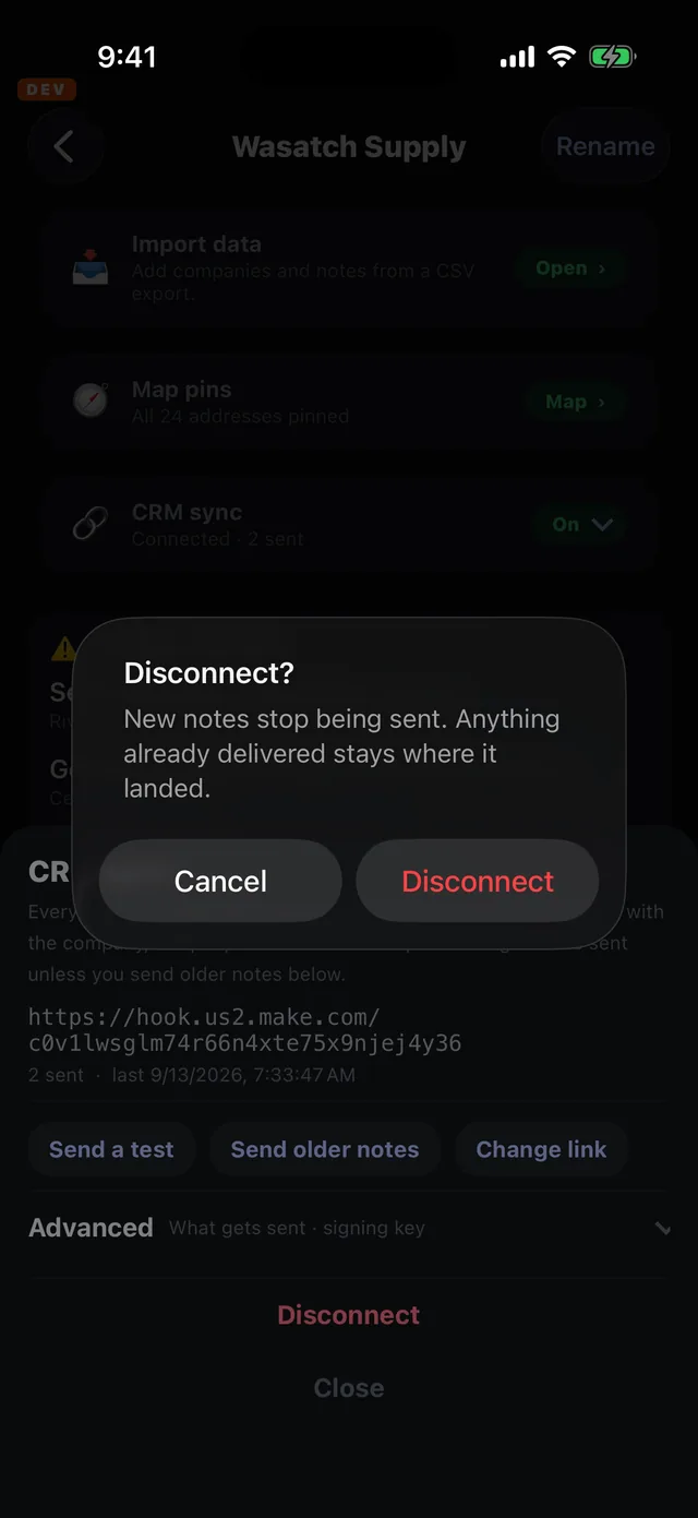 A Disconnect confirmation reading New notes stop being sent. Anything already delivered stays where it landed.