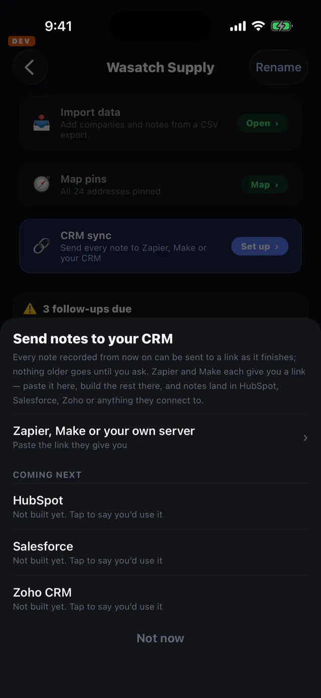 The Send notes to your CRM sheet with the option Zapier, Make or your own server