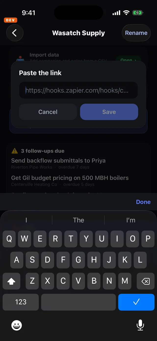 The Paste the link prompt with an empty box, Cancel and Save