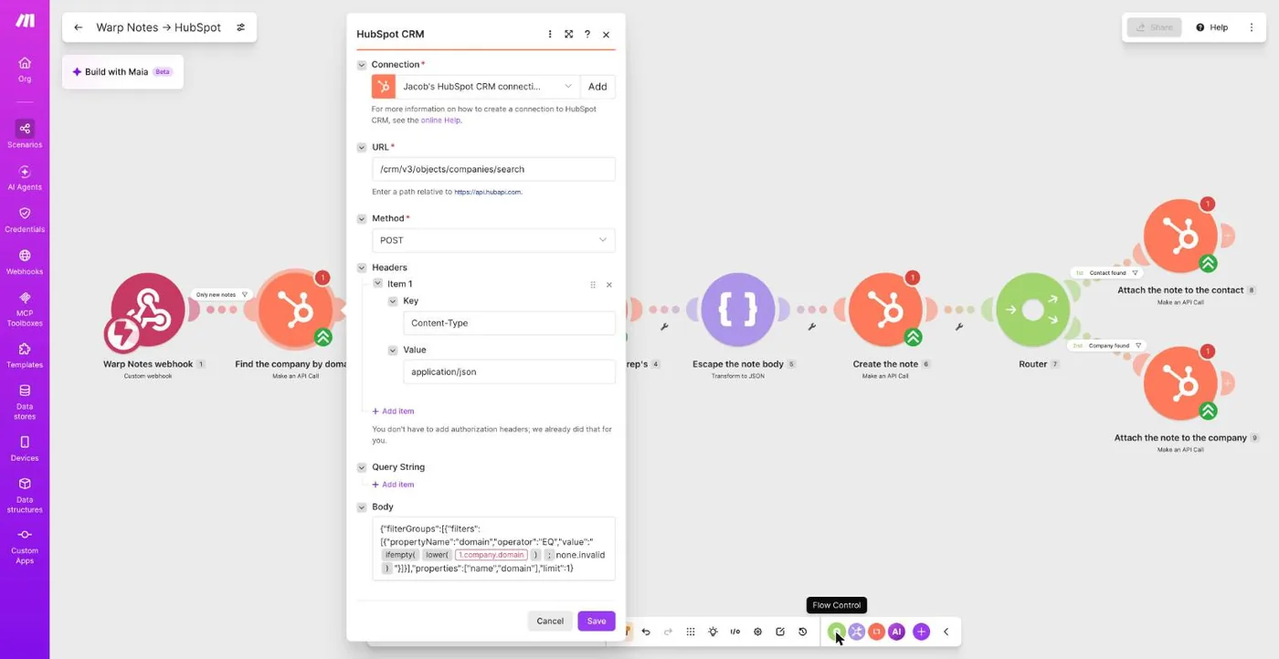 A HubSpot module opened, with the Connection field and an Add button