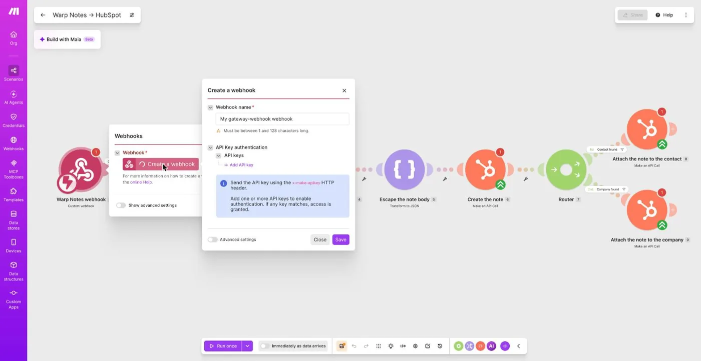 The Create a webhook dialog with a name field and Save button