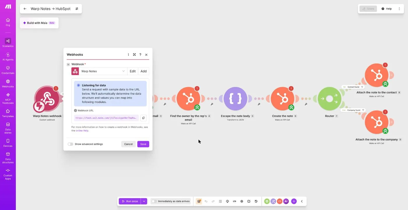 The webhook module showing its address and a Copy address to clipboard button