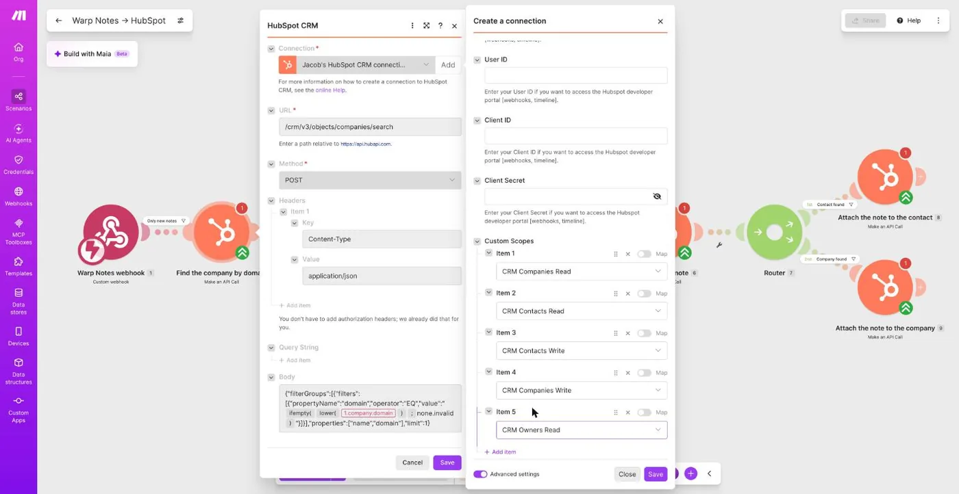 Make's Create a connection dialog for HubSpot with Advanced settings on and five custom scopes listed