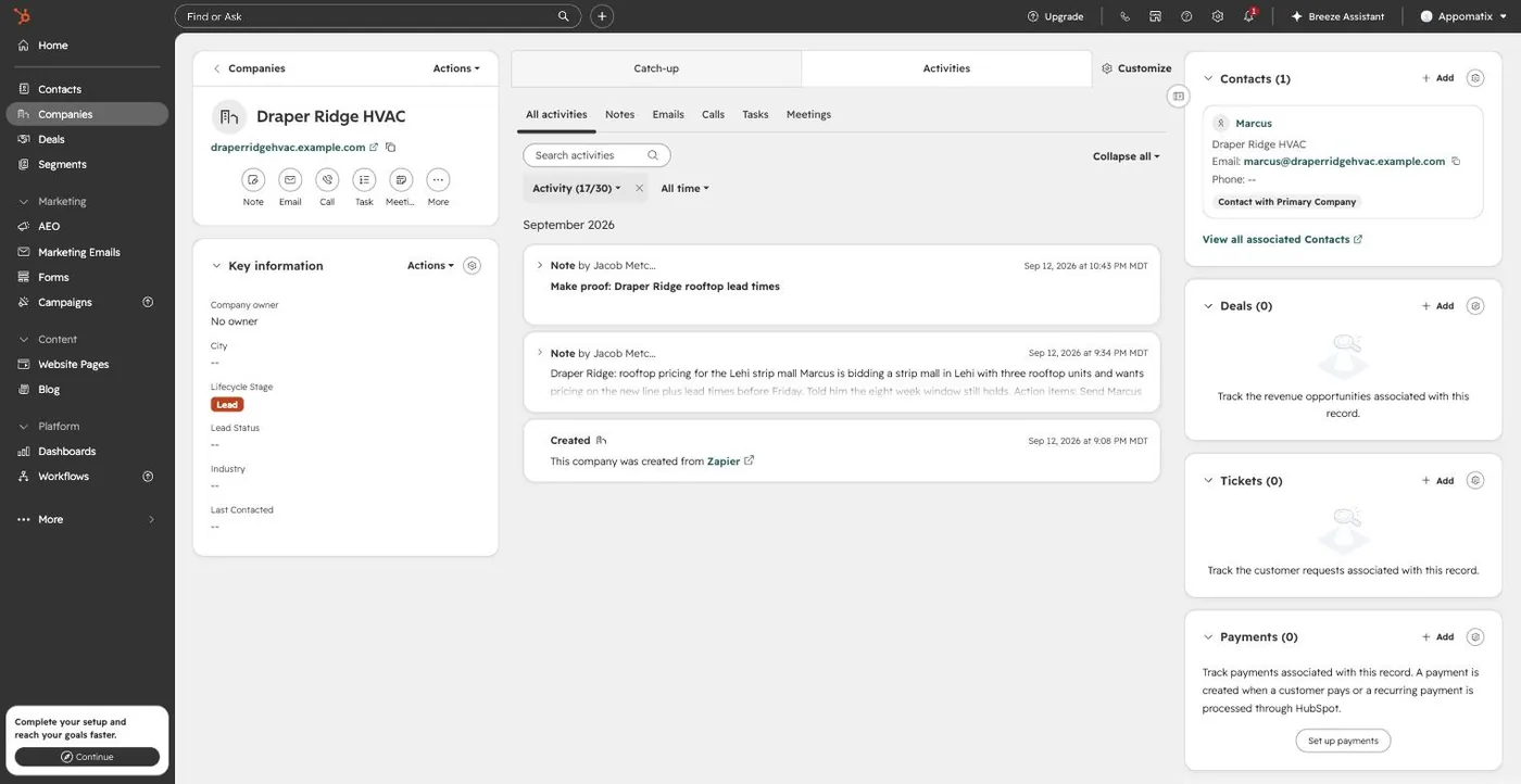 A HubSpot company record whose Activities tab lists two notes written by Warp Notes