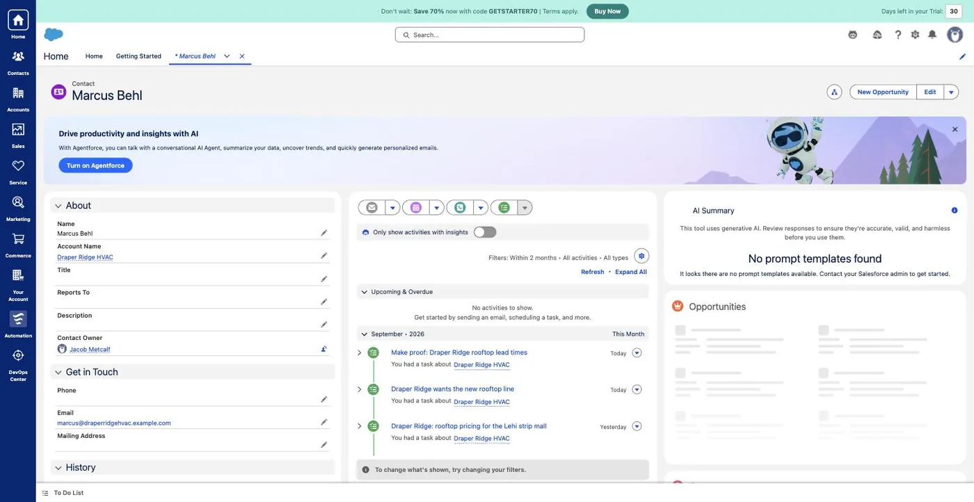 A Salesforce contact whose activity timeline lists three completed tasks written by Warp Notes