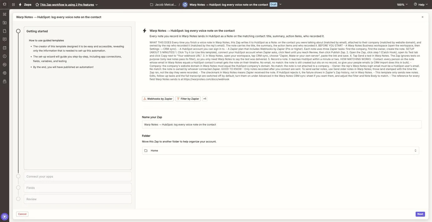 The Zapier wizard's Getting started screen with the template description and the Next button