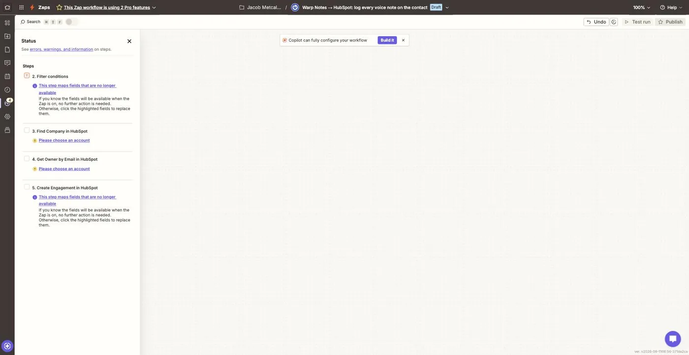 Zapier's Status panel listing warnings on steps 2 to 5: fields no longer available and please choose an account