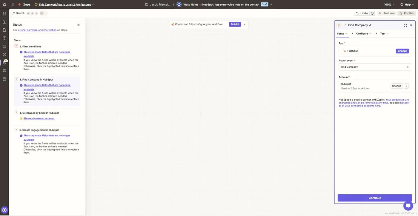 Step 3 Find Company opened, showing the HubSpot account already selected